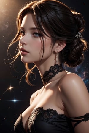 upper body portrait, (chin up), beautiful woman, light skin, hands at sides, sexy dress, realistic, Caucasian, elegant updo black hair, white lace off the shoulders dress, (space, nebular background), masterpiece painting, dramatic glowing soft lighting, wallpaper, smooth, High quality, Centered, Illustration, Details, Portrait, gorgeous digital painting, stunning digital illustration, charlie bowater, artstation, style of charlie bowater, charlie bowater art style, charlie bowater character art, realistic artstyle, beautiful digital illustration, stunning digital painting