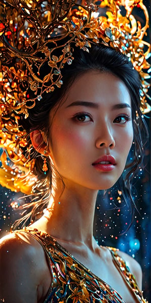 breathtaking beauty, Realistic art of hyper detailed beauty and incredible chinese girl. Suspended in space. Cinematic, visually rich. Full body. World of mystical creatures, Broken Glass effect, no background, stunning, something that even doesn't exist, mythical being, energy, molecular, textures, iridescent and luminescent scales,  pure perfection, divine presence, unforgettable, impressive, breathtaking beauty, Volumetric light, auras, rays, vivid colors reflects, Elegant flower art, dark background, gold lined and details, rich deep color, matte, corrupted photograph, muted colors, paint splatter, thick, Kaluta, Richard Anderson, paint splatter, masterpiece, 8k resolution, trending on artstation, horror, terrifying, highly detailed intricate, Wadim Kashin, Karol Bak John Singer Sargen, natural lighting, intricated pose, high quality, magical, golden ratio, mysterious, acrylic painting, trending on pixiv fanbox, palette knife and brush strokes, style of Makoto Shinkai, Jamie Wyeth, Edward Hopper, Greg Rutkowski, skimpy bikini, g cup, big, Mysterious, eye-catching detail ,design charactor by Rockin’ Jelly Bean and wlop