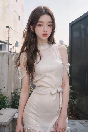 Top Quality, 8k, 32k, Masterpiece, UHD:1.2), Photograph: 1.37, Photograph: Top Quality, Biography, Uhd, 1girl, Long Hair, Hair, Glitter, Brown Hair, Temptive, White Dress, [massy-half-ponytail|bobcut] middle_parting_hair style, looking at the viewer, distance, complicated detailed background, detailed skin, pores, high-res, hdr, looking at the viewer, from the front, full body focus, distance snap, depth, detailed detail, anatomically accurate (Picture: 1.3), (Top body in waist frame: 1.2), Renaissance background, natural light, golden_rain, Kodak Vision3 IMAX, Fujicolor_Pro_Film