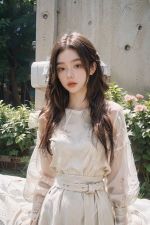 Top Quality, 8k, 32k, Masterpiece, UHD:1.2), Photograph: 1.37, Photograph: Top Quality, Biography, Uhd, 1girl, Long Hair, Hair, Glitter, Brown Hair, Temptive, White Dress, [massy-half-ponytail|bobcut] middle_parting_hair style, looking at the viewer, distance, complicated detailed background, detailed skin, pores, high-res, hdr, looking at the viewer, from the front, full body focus, distance snap, depth, detailed detail, anatomically accurate (Picture: 1.3), (Top body in waist frame: 1.2), Renaissance background, natural light, golden_rain, Kodak Vision3 IMAX, Fujicolor_Pro_Film,dream_girl