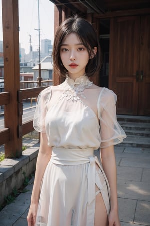 Top Quality, 8k, 32k, Masterpiece, UHD:1.2), Photograph: 1.37, Photograph: Top Quality, Biography, Uhd, 1girl, Long Hair, Hair, Glitter, Brown Hair, Temptive, White Dress, [massy-half-ponytail|bobcut] middle_parting_hair style, looking at the viewer, distance, complicated detailed background, detailed skin, pores, high-res, hdr, looking at the viewer, from the front, full body focus, distance snap, depth, detailed detail, anatomically accurate (Picture: 1.3), (Top body in waist frame: 1.2), Renaissance background, natural light, golden_rain, Kodak Vision3 IMAX, Fujicolor_Pro_Film, (AV actor, Uehara Ai: 1.5)