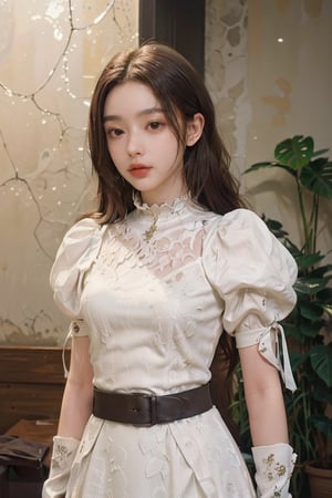 Top Quality, 8k, 32k, Masterpiece, UHD:1.2), Photograph: 1.37, Photograph: Top Quality, Biography, Uhd, 1girl, Long Hair, Hair, Glitter, Brown Hair, Temptive, White Dress, [massy-half-ponytail|bobcut] middle_parting_hair style, looking at the viewer, distance, complicated detailed background, detailed skin, pores, high-res, hdr, looking at the viewer, from the front, full body focus, distance snap, depth, detailed detail, anatomically accurate (Picture: 1.3), (Top body in waist frame: 1.2), Renaissance background, natural light, golden_rain, Kodak Vision3 IMAX, Fujicolor_Pro_Film