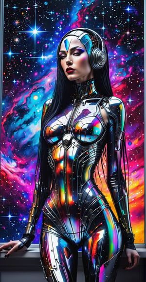 a detailed full body photo of a female cyborg ((maddona))  ((very sexy)) ((long headred)) ((with a black metal)) side in front of the window with cosmic stars on it and a colorful cosmic background, paint dripping, DonMCyb3rN3cr0XL, cyborg style,cyborg style,Sasha Grey,cyborg