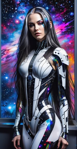 a detailed full body photo of a female cyborg ((maddona))  ((very sexy)) ((long hair white)) ((with a black metal)) side in front of the window with cosmic stars on it and a colorful cosmic background, paint dripping, DonMCyb3rN3cr0XL, cyborg style,cyborg style,Sasha Grey,cyborg