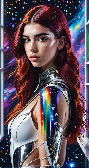 a detailed full body photo of a female cyborg ((dua lipa)) ((star-shaped tendrils)) ((long redhead hair)) ((with a white metal)) side in front of the window with cosmic stars on it and a colorful cosmic background, paint dripping, DonMCyb3rN3cr0XL, cyborg style,cyborg style