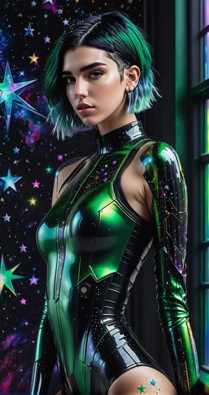 a detailed full body photo of a female cyborg ((dua lipa))  ((sexy)) ((short green hair)) ((with a black metal)) side in front of the window with cosmic stars on it and a colorful cosmic background, paint dripping, DonMCyb3rN3cr0XL, cyborg style,cyborg style