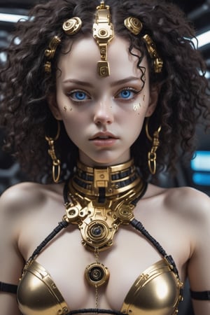 Nude Girl in Gold Jewelry, (full body) Highly Detailed Face and Skin Texture, ((white skin)) Big blue Eyes, Thin Face, Juicy Lips, Bimbo Lips, Big Puffy Chest, Pectorals ((Curly Afro Black Hair)), Pale skin , detailed eyes, 双眼皮, cyberpunk gold metal jewelry BDSM, Cyberpunk gold metal ribbons on Body, metal necklace,
futuristic gold metal tiny Panties t-strings, Tiny metal panties, Metal S Metal cupless bra, metal clothing, gold body jewelry, damp skin, she is naked. white skin, she is on the futuristic cyberpunk white and Black room in the spacecraft. Nose ring.,isni