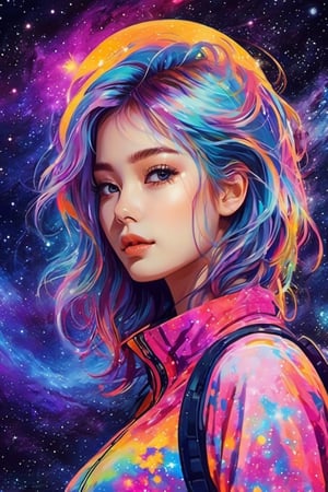 a detailed photo of a pretty girl with cosmic stars in her and colorfull cosmic back ground,Monster,pturbo,aw0k euphoric style,LinkGirl