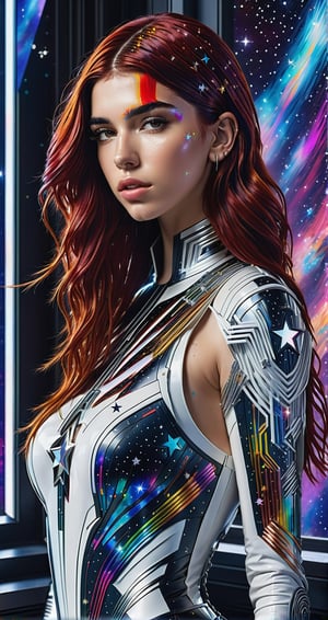 a detailed full body photo of a female cyborg ((dua lipa)) ((star-shaped tendrils)) ((long redhead hair)) ((with a white metal)) side in front of the window with cosmic stars on it and a colorful cosmic background, paint dripping, DonMCyb3rN3cr0XL, cyborg style,cyborg style