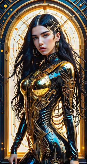 a detailed full body photo of a female cyborg ((dua lipa)) ((star-shaped tendrils)) ((long black hair)) ((with a gold metal)) side in front of the window with cosmic stars on it and a colorful cosmic background, paint dripping, DonMCyb3rN3cr0XL, cyborg style,cyborg style