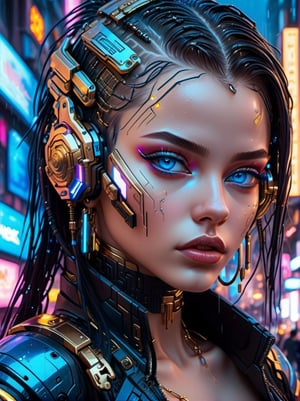 amazing cyberpunk girl ((detailed face with maximum details)), ((golden ear hoops)) ((blue eyes)) in a futurist city ​​at night (hair long) (hair  brunete) ((raining)) neon ligth 