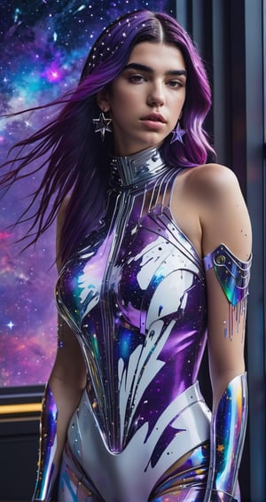 a detailed full body photo of a female cyborg ((dua lipa)) ((star-shaped tendrils)) ((long purple hair)) ((with a white metal)) side in front of the window with cosmic stars on it and a colorful cosmic background, paint dripping, DonMCyb3rN3cr0XL, cyborg style,cyborg style