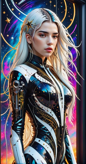 a detailed full body photo of a female cyborg ((dua lipa)) ((star-shaped tendrils)) ((long white hair)) ((with a black metal)) side in front of the window with cosmic stars on it and a colorful cosmic background, paint dripping, DonMCyb3rN3cr0XL, cyborg style,cyborg style