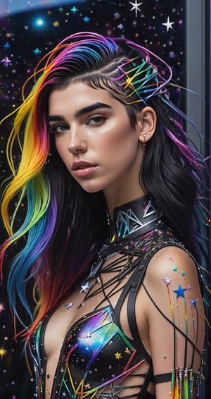 a detailed full body photo of a female cyborg ((dua lipa)) ((star-shaped tendrils)) ((long rainbow hair)) ((with a black metal)) side in front of the window with cosmic stars on it and a colorful cosmic background, paint dripping, DonMCyb3rN3cr0XL, cyborg style,cyborg style