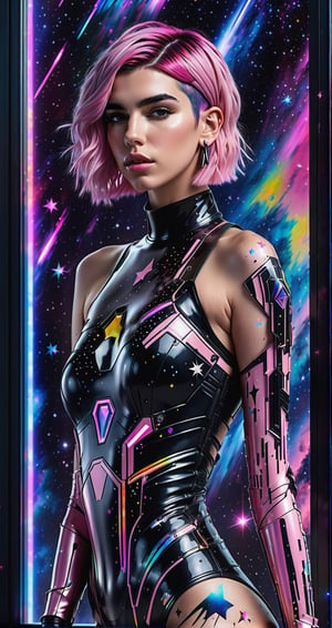 a detailed full body photo of a female cyborg ((dua lipa))  ((sexy)) ((short pink hair)) ((with a black metal)) side in front of the window with cosmic stars on it and a colorful cosmic background, paint dripping, DonMCyb3rN3cr0XL, cyborg style,cyborg style