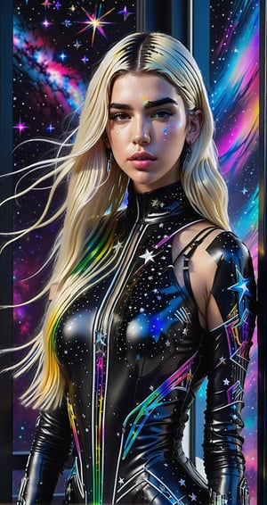 a detailed full body photo of a female cyborg ((dua lipa)) ((star-shaped tendrils)) ((long blonde hair)) ((with a black metal)) side in front of the window with cosmic stars on it and a colorful cosmic background, paint dripping, DonMCyb3rN3cr0XL, cyborg style,cyborg style