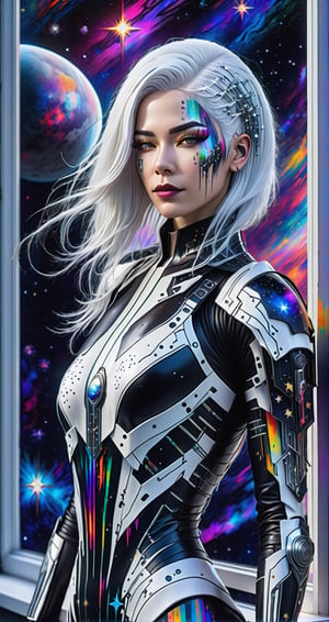 a detailed full body photo of a female cyborg ((dua lipa))((long white hair)) ((with a black metal)) side in front of the window with cosmic stars on it and a colorful cosmic background, paint dripping, DonMCyb3rN3cr0XL, cyborg style,cyborg style