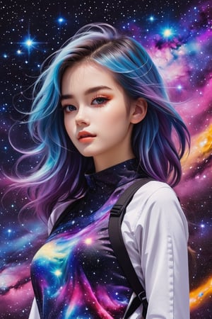 a detailed photo of a pretty girl with cosmic stars in her and colorfull cosmic back ground,Monster,pturbo,aw0k euphoric style,LinkGirl