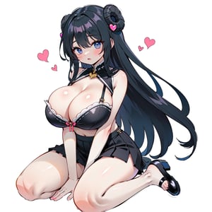 anime,  full body, big boobies, big breast, (masterpiece, best quality, highres:1.1), ultra resolution image, black hair, long hair, blush, (masterpiece, top quality, best quality, beautiful and aesthetic:1.2 ), extreme detailed, highest detailed, 1 girl,  cleavage, heart in eye, huge breasts, miniskirt, bra,Sexy Big Breast, horn outfit, Sheep's horn outfit, white background, in white space