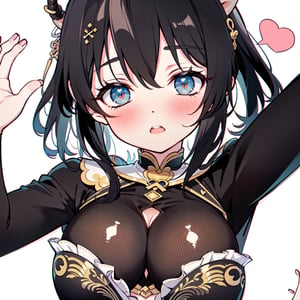 anime,  full body, big boobies, big breast, (masterpiece, best quality, highres:1.1), ultra resolution image, black hair, long hair, blush, (masterpiece, top quality, best quality, beautiful and aesthetic:1.2 ), extreme detailed, highest detailed, 1 girl,  cleavage, heart in eye, huge breasts, pleated-skirt, bra,Sexy Big Breast, horn outfit, Sheep's horn outfit, white background, in white space,YAMATO,cow print