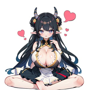 anime,  full body, big boobies, big breast, (masterpiece, best quality, highres:1.1), ultra resolution image, black hair, long hair, blush, (masterpiece, top quality, best quality, beautiful and aesthetic:1.2 ), extreme detailed, highest detailed, 1 girl,  cleavage, heart in eye, huge breasts, pleated-skirt, bra,Sexy Big Breast, horn outfit, Sheep's horn outfit, white background, in white space,YAMATO,cow print,Fairy ears, pointed ears