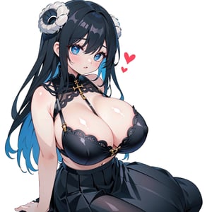 anime,  full body, big boobies, big breast, (masterpiece, best quality, highres:1.1), ultra resolution image, black hair, long hair, blush, (masterpiece, top quality, best quality, beautiful and aesthetic:1.2 ), extreme detailed, highest detailed, 1 girl,  cleavage, heart in eye, huge breasts, pleated-skirt, bra,Sexy Big Breast, horn outfit, Sheep's horn outfit, white background, in white space