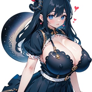 anime,  full body, big boobies, big breast, (masterpiece, best quality, highres:1.1), ultra resolution image, black hair, long hair, blush, (masterpiece, top quality, best quality, beautiful and aesthetic:1.2 ), extreme detailed, highest detailed, 1 girl,  cleavage, heart in eye, huge breasts, pleated-skirt, bra,Sexy Big Breast, horn outfit, Sheep's horn outfit, white background, in white space