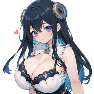 anime,  full body, big boobies, big breast, (masterpiece, best quality, highres:1.1), ultra resolution image, black hair, long hair, blush, (masterpiece, top quality, best quality, beautiful and aesthetic:1.2 ), extreme detailed, highest detailed, 1 girl,  cleavage, heart in eye, huge breasts, miniskirt, bra,Sexy Big Breast, horn outfit, Sheep's horn outfit, white background, in white space,YAMATO