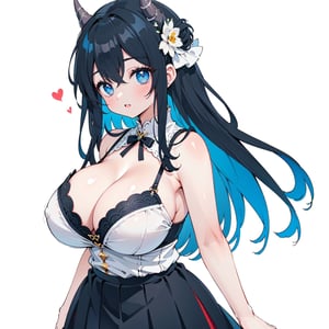 anime,  full body, big boobies, big breast, (masterpiece, best quality, highres:1.1), ultra resolution image, black hair, long hair, blush, (masterpiece, top quality, best quality, beautiful and aesthetic:1.2 ), extreme detailed, highest detailed, 1 girl,  cleavage, heart in eye, huge breasts, pleated-skirt, bra,Sexy Big Breast, horn outfit, Sheep's horn outfit, white background, in white space