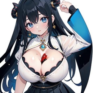 anime,  full body, big boobies, big breast, (masterpiece, best quality, highres:1.1), ultra resolution image, black hair, long hair, blush, (masterpiece, top quality, best quality, beautiful and aesthetic:1.2 ), extreme detailed, highest detailed, 1 girl,  cleavage, heart in eye, huge breasts, pleated-skirt, bra,Sexy Big Breast, horn outfit, Sheep's horn outfit, white background, in white space