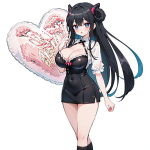 anime,  full body, big boobies, big breast, (masterpiece, best quality, highres:1.1), ultra resolution image, black hair, long hair, blush, (masterpiece, top quality, best quality, beautiful and aesthetic:1.2 ), extreme detailed, highest detailed, 1 girl,  cleavage, heart in eye, huge breasts, miniskirt, bra,Sexy Big Breast, horn outfit, Sheep's horn outfit, white background, in white space