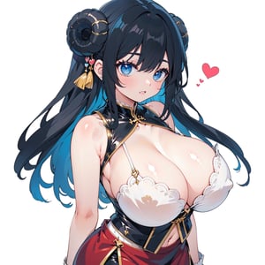 anime,  full body, big boobies, big breast, (masterpiece, best quality, highres:1.1), ultra resolution image, black hair, long hair, blush, (masterpiece, top quality, best quality, beautiful and aesthetic:1.2 ), extreme detailed, highest detailed, 1 girl,  cleavage, heart in eye, huge breasts, miniskirt, bra,Sexy Big Breast, horn outfit, Sheep's horn outfit, white background, in white space,YAMATO