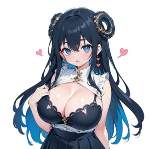 anime,  full body, big boobies, big breast, (masterpiece, best quality, highres:1.1), ultra resolution image, black hair, long hair, blush, (masterpiece, top quality, best quality, beautiful and aesthetic:1.2 ), extreme detailed, highest detailed, 1 girl,  cleavage, heart in eye, huge breasts, pleated-skirt, bra,Sexy Big Breast, horn outfit, Sheep's horn outfit, white background, in white space