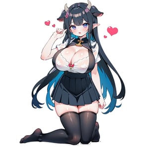 anime,  full body, big boobies, big breast, (masterpiece, best quality, highres:1.1), ultra resolution image, black hair, long hair, blush, (masterpiece, top quality, best quality, beautiful and aesthetic:1.2 ), extreme detailed, highest detailed, 1 girl,  cleavage, heart in eye, huge breasts, pleated-skirt, bra,Sexy Big Breast, horn outfit, Sheep's horn outfit, white background, in white space,YAMATO,cow print,Fairy ears, pointed ears