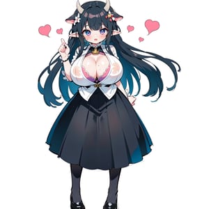 anime,  full body, big boobies, big breast, (masterpiece, best quality, highres:1.1), ultra resolution image, black hair, long hair, blush, (masterpiece, top quality, best quality, beautiful and aesthetic:1.2 ), extreme detailed, highest detailed, 1 girl,  cleavage, heart in eye, huge breasts, pleated-skirt, bra,Sexy Big Breast, horn outfit, Sheep's horn outfit, white background, in white space,YAMATO,cow print,Fairy ears, pointed ears