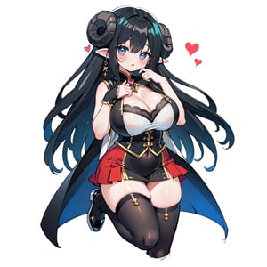 anime,  full body, big boobies, big breast, (masterpiece, best quality, highres:1.1), ultra resolution image, black hair, long hair, blush, (masterpiece, top quality, best quality, beautiful and aesthetic:1.2 ), extreme detailed, highest detailed, 1 girl,  cleavage, heart in eye, huge breasts, miniskirt, bra,Sexy Big Breast, horn outfit, Sheep's horn outfit, white background, in white space