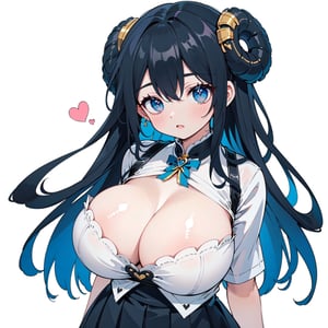 anime,  full body, big boobies, big breast, (masterpiece, best quality, highres:1.1), ultra resolution image, black hair, long hair, blush, (masterpiece, top quality, best quality, beautiful and aesthetic:1.2 ), extreme detailed, highest detailed, 1 girl,  cleavage, heart in eye, huge breasts, pleated-skirt, bra,Sexy Big Breast, horn outfit, Sheep's horn outfit, white background, in white space