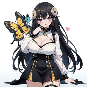 anime,  full body, big boobies, big breast, (masterpiece, best quality, highres:1.1), ultra resolution image, black hair, long hair, blush, (masterpiece, top quality, best quality, beautiful and aesthetic:1.2 ), extreme detailed, highest detailed, 1 girl,  cleavage, heart in eye, huge breasts, miniskirt, bra,Sexy Big Breast, horn outfit, Sheep's horn outfit, white background, in white space,Butterfly totem on face