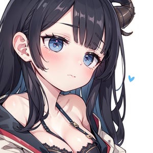 anime,  full body, big boobies, big breast, (masterpiece, best quality, highres:1.1), ultra resolution image, black hair, long hair, blush, (masterpiece, top quality, best quality, beautiful and aesthetic:1.2 ), extreme detailed, highest detailed, 1 girl,  cleavage, heart in eye, huge breasts, pleated-skirt, bra,Sexy Big Breast, horn outfit, Sheep's horn outfit, white background, in white space,YAMATO