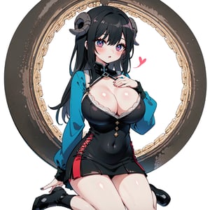 anime,  full body, big boobies, big breast, (masterpiece, best quality, highres:1.1), ultra resolution image, black hair, long hair, blush, (masterpiece, top quality, best quality, beautiful and aesthetic:1.2 ), extreme detailed, highest detailed, 1 girl,  cleavage, heart in eye, huge breasts, miniskirt, bra,Sexy Big Breast, horn outfit, Sheep's horn outfit, white background, in white space