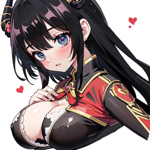 anime,  full body, big boobies, big breast, (masterpiece, best quality, highres:1.1), ultra resolution image, black hair, long hair, blush, (masterpiece, top quality, best quality, beautiful and aesthetic:1.2 ), extreme detailed, highest detailed, 1 girl,  cleavage, heart in eye, huge breasts, pleated-skirt, bra,Sexy Big Breast, horn outfit, Sheep's horn outfit, white background, in white space,YAMATO,cow print,Fairy ears, pointed ears