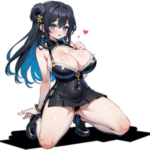 anime,  full body, big boobies, big breast, (masterpiece, best quality, highres:1.1), ultra resolution image, black hair, long hair, blush, (masterpiece, top quality, best quality, beautiful and aesthetic:1.2 ), extreme detailed, highest detailed, 1 girl,  cleavage, heart in eye, huge breasts, miniskirt, bra,Sexy Big Breast, horn outfit, Sheep's horn outfit, white background, in white space