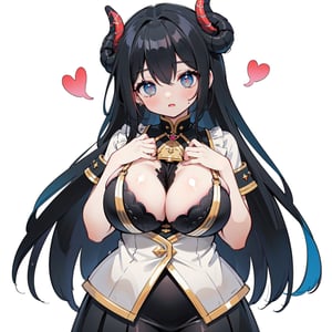 anime,  full body, big boobies, big breast, (masterpiece, best quality, highres:1.1), ultra resolution image, black hair, long hair, blush, (masterpiece, top quality, best quality, beautiful and aesthetic:1.2 ), extreme detailed, highest detailed, 1 girl,  cleavage, heart in eye, huge breasts, miniskirt, bra,Sexy Big Breast, horn outfit, Sheep's horn outfit, white background, in white space