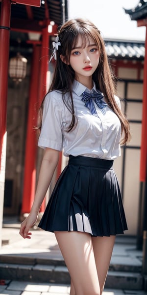 masterpiece, best quality, ultra realistic illustration, 16K, (HDR), high resolution, female_solo, (white long hair:1.3) , slender hot body proportion , looking at viewer,dynamic lips, 1 Japanese girl with blue eyes ,  (wearing beautiful long white school uniform shirt ,bow tie,pleated black short skirt,stocking:1.1), cowboy shot, (highly detailed background of ancient Japan buildings), add More Detail, Color magic,perfect fingers, girl,  jp_school_uniform