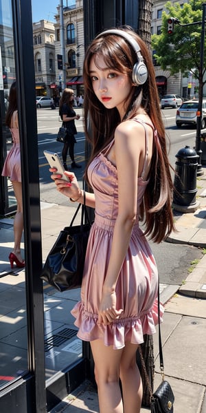 1girl, solo, long hair, brown hair, dress, bag, tree, legs, headphones, phone, cellphone, smartphone, reflection, handbag, mirror, sundress