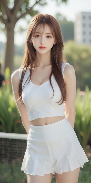 A young woman with long, brown hair stands confidently in a cowboy-shot composition, looking directly at the viewer with a warm smile. Her bright brown eyes sparkle beneath the sunlight, which casts a gentle glow on her sleeveless tennis uniform and white skirt. Her arms are relaxed behind her back, emphasizing her toned physique. The scene is set against a backdrop of lush greenery and a distant building, with a tree providing subtle depth. Her full lips curve upwards, inviting the viewer to engage with her.