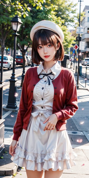 masterpiece, best quality, highres, aamegumi, short hair, beret, white headwear, neck ribbon, frills, white dress, red cardigan, open clothes, long sleeves, white bow, , standing, cowboy shot, outdoors, smile, petals,Bomi