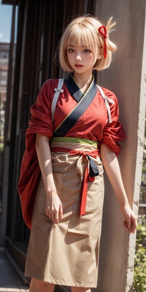 masterpiece, best quality, highres, aachisato,blond hair, aachisato, short hair, hair ribbon, japanese clothes, (red kimono:1.2), sash, (brown apron:1.2),dynamic pose, cowboy shot, outdoors, open lips,