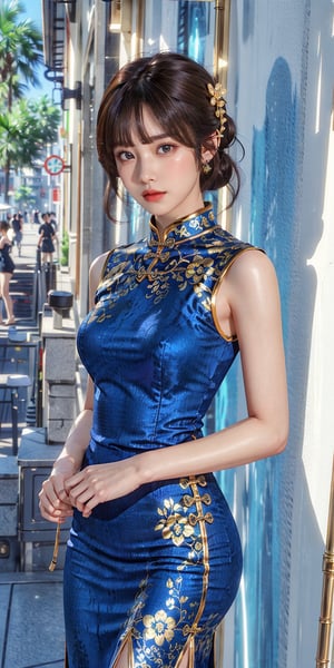 (best quality, masterpiece:1.2),ultra detailed,(photo realistic:1.4),blue_china_dress,twin half updo,bangs,pretty face,looking at viewer,dynamic pose,standing,cowboy shot:1.3