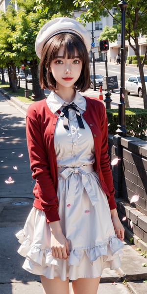 masterpiece, best quality, highres, aamegumi, short hair, beret, white headwear, neck ribbon, frills, white dress, red cardigan, open clothes, long sleeves, white bow, , standing, cowboy shot, outdoors, smile, petals,